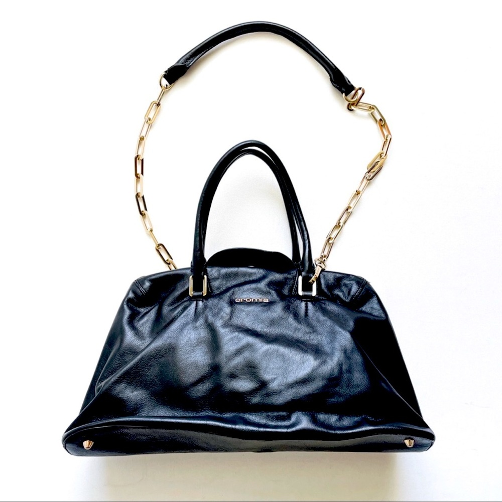 Cromia Bag Black Leather Shoulder Bag w/ Gold Tone Metal